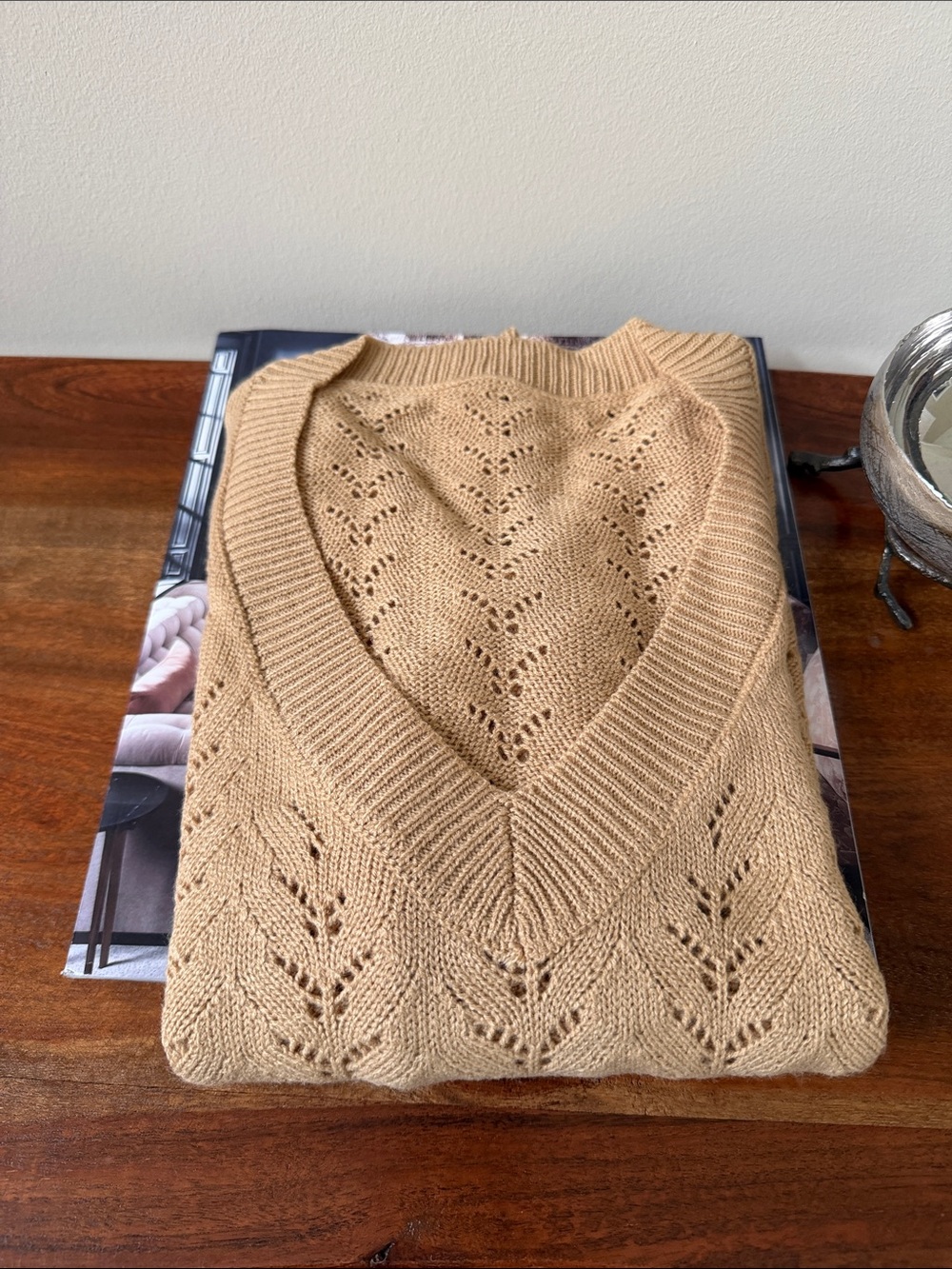 Light Beige Knit V‑Neck Sweater